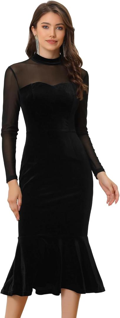 Allegra K See Through Velvet Bodycon Dress for Women's Sheer Mesh Long Sleeve Midi Cocktail Mermaid Dress (Medium)