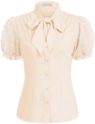 Belle Poque Womens Vintage Victorian Shirts Cotton Long Sleeve Ruffle Button Down Casual Blouses Tie Neck Work Tops, XL, Beige