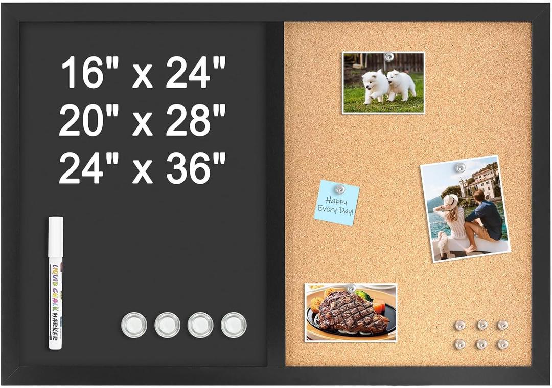 4 THOUGHT Chalkboard Corkboard Combo, 24" x 16" Bulletin Cork Board Magnetic Chalk Board for Wall Combination Board Black Frame Double Use Black Board Cork Board 1 Marker 4 Magnets 10 pins