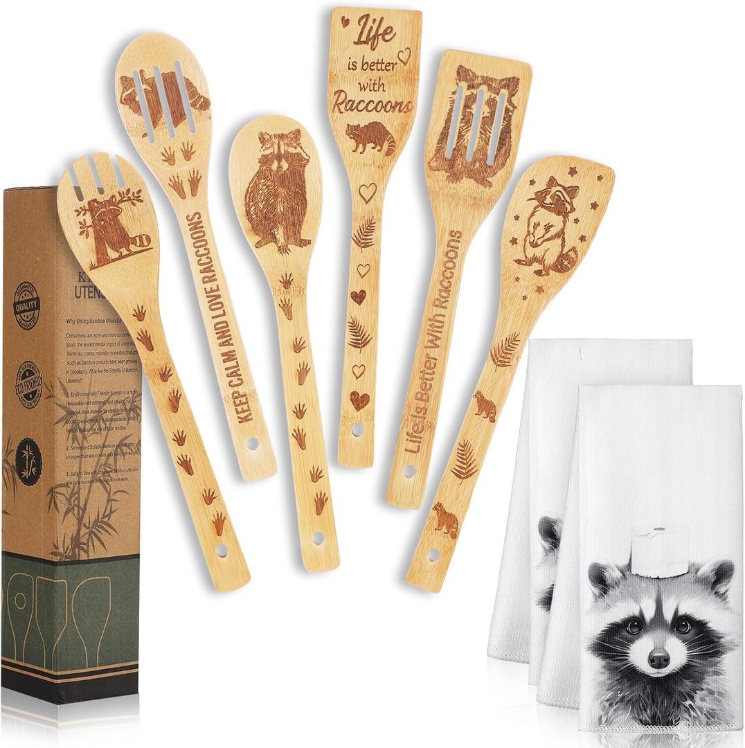 Potchen 8 Pcs Christmas Raccoon Gifts for Women Neighbor Christmas Gifts Raccoon Kitchen Hand Towels Wooden Bamboo Cooking Spoons Utensil Set for Holiday Friends Employee Housewarming Presents