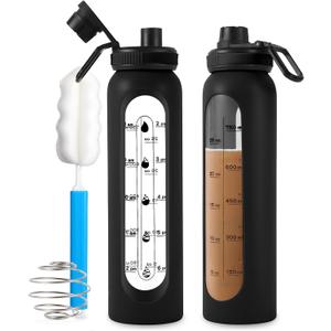 Glass Shaker Bottle 34oz/1L Black Glass Protein Shaker Bottle With Shaker Ball Large Shaker Bottles for Protein Mixes Portable Powder Mixer Blender Water Bottle for Gym Workout Sports