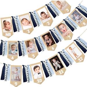 pinkblume 1st Birthday Burlap Photo Banner Garland Handmade Felt from Newborn to 12 Months with Dusty Blue Gray Ribbon for Baby Boy Girl Monthly Milestones First Birthday Party Decoration Supplies