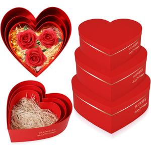 Glenmal 3 Pcs Heart Shaped Gift Boxes with Lids 100g Shredded Paper Fill Nesting Heart Flower Boxes for Wedding Birthday Baby Showers Mother's Day Present Packaging(Red)