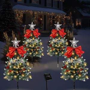 4 Pack Christmas Tree Solar Pathway Lights Outdoor Decorations, Waterproof Artificial Mini Xmas Tree Stake Lights with DIY Ornamets for Garden Yard Porch Decor (Snowy Tree)