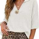Saodimallsu Womens 3/4 Sleeve Sweater Polo V Neck Collared Loose Ribbed Knit 2026 Summer Trendy Casual Tops (White)