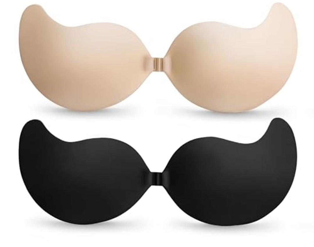 Cmojsk Strapless Sticky Bra for Women,Adhesive Invisible Backless Nipple Covers,2 Pair Black/Beige, 25, 12/25