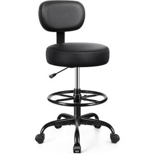 Drafting Chair with Backrest – Adjustable Foot Rest Rolling Stool with Wheels, PU Leather Swivel Stool for Office Spa Studio Lab Counter Salon Home Work Bar Kitchen Shop(Black)