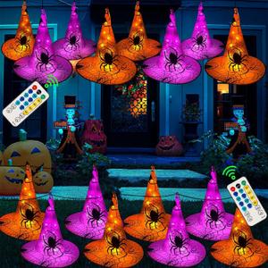 WATERGLIDE 2 Pack Halloween Decorations, 8Pcs Each Lighted Hanging Witch Hats, Remote Control with 8 Modes Light Up 14 FT Halloween String Lights, for Indoor Outdoor Yard, Lawn, Graveyard Scenes Party