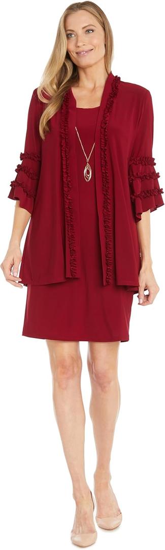 R&M Richards 2PC Sheath Dress & Jacket W/Ruffles & Detachable Necklace (18, Paprika)