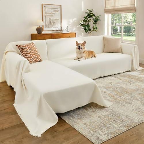 CAPALOCA Sectional Couch Covers, 2 Pieces Chenille Sofa Cover L Shaped Couch Cover Blanket for Dogs Washable Sofa Slipcovers Pet Furniture Protector (X-Large: 71" x 110" + 71" x 118", Beige)