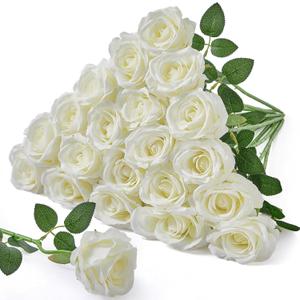 Serwalin 20PCS Artificial White Roses, 4'' Big Flower Head, Ivory Silk Roses, Velvet Fake Roses Bouquet Long Stem Roses for Home Decor Wedding and Table Centerpiece