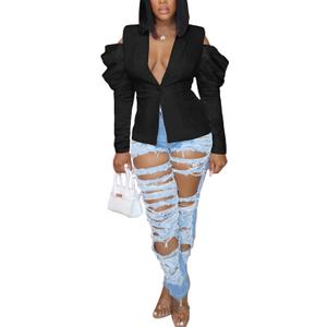 DINGANG Women's Casual Blazers Open Front Puff Sleeve Work Office Jackets Blazer (X-Large, Black)