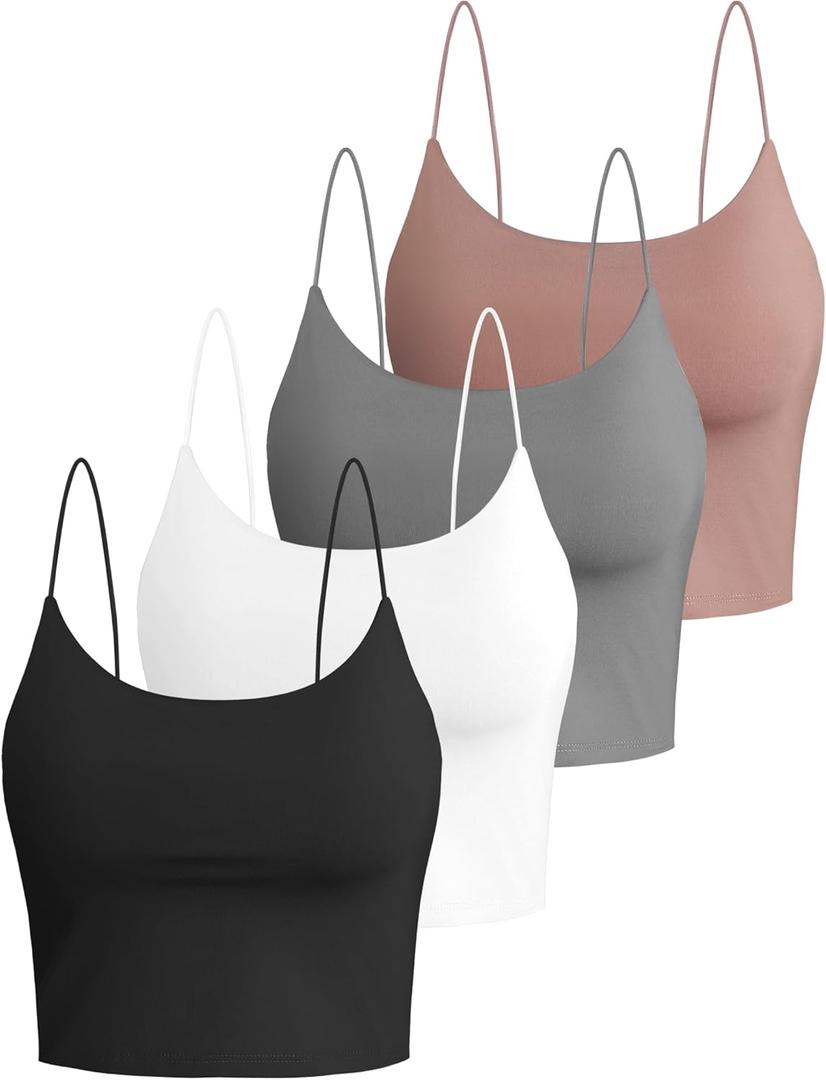 Buauty 4 Packs Crop Tops Spaghetti Strap Tank Tops for Women, Basic cami Crop Tank top Double Lined Camisole Tops, Thin Strap Bralette Tank Tops for Women Black+White+Grey+Brown, L