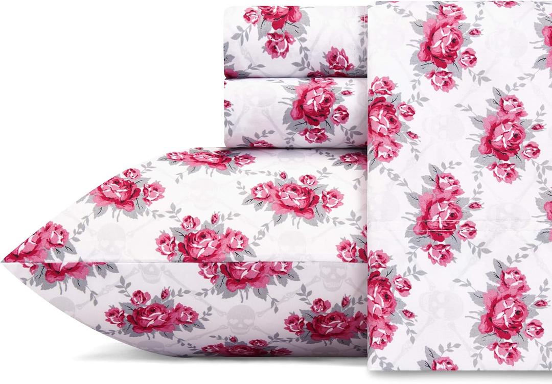 Betsey Johnson - Queen Bed Sheets, Soft & Lightweight Bedding, Fade & Wrinkle Resistant (Skull Rose Trellis, Queen)