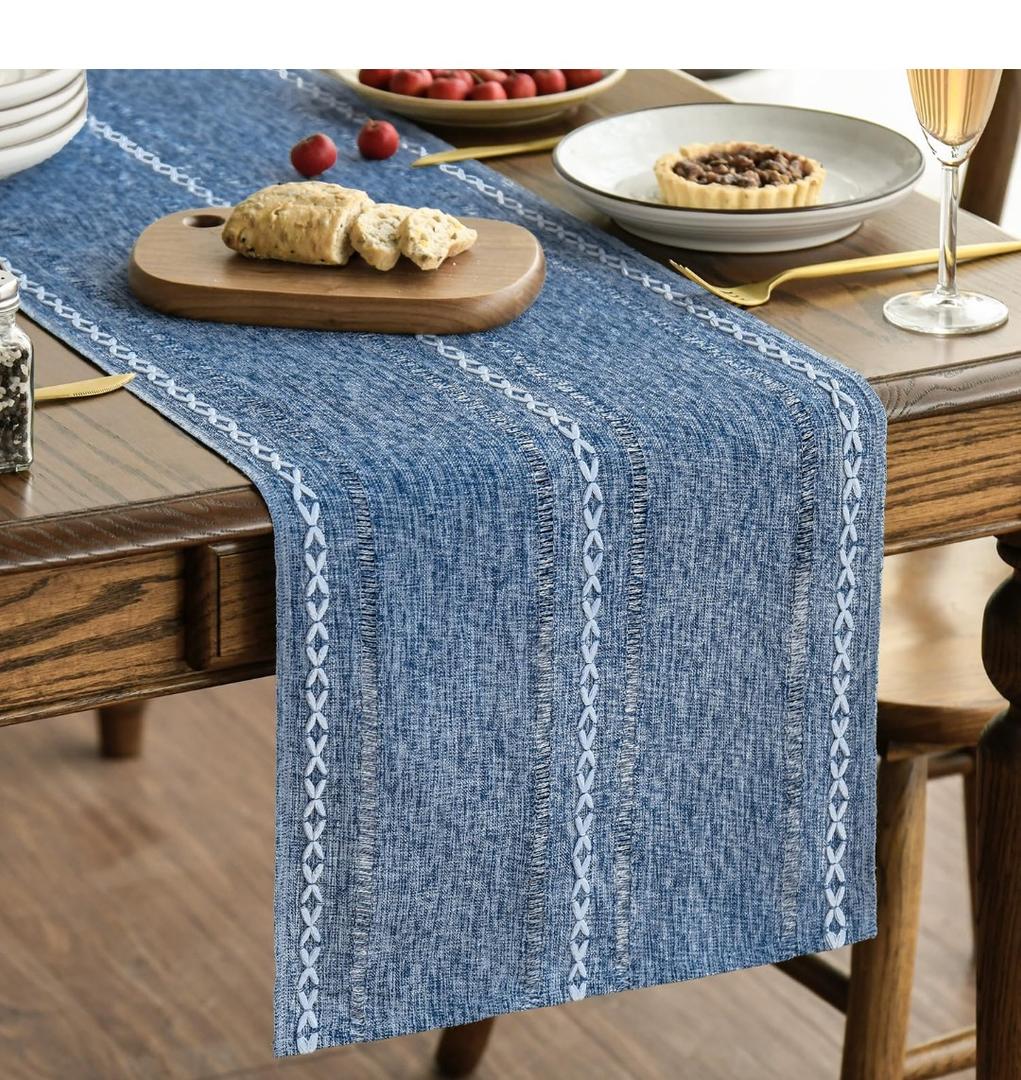 Artoid Mode Blue Rustic Cotton Linen Table Runner, Seasonal Embroidered Hollow Kitchen Dining Table Decoration for Home Party Decor 13x72 Inch