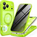 BERFY for iPhone 17 Pro Case, Compatible with MagSafe, Built in Privacy Screen Protector, Shockproof Full Body Phone Case for 17 Pro with Magnetic Stand, Translucent Bright Green