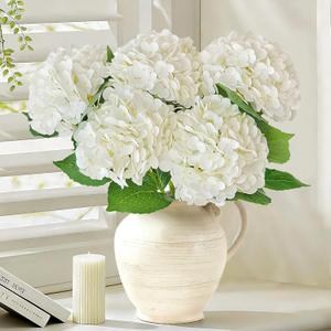 Real Touch White Hydrangea Artificial Flowers with Stems, Fake Silk Flowers for Outdoors, 3 Pcs Artificial Flowers for Home Decor Wedding Bouquets Centerpieces Vase
