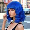Earfodo Short Blue Wavy Wigs with Bangs Navy Blue Wig for Women 14Inch Blue Color Hair Shoulder Length Heat Resistant Cosplay Wigs for Halloween Cosplay Daily Party Use
