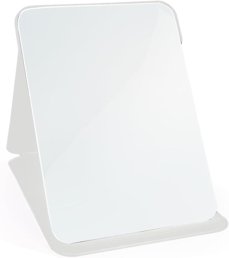 Makeup Mirror, 7x10 Inches Portable PU Leather Mirror, Folding Desktop Vanity Mirror with Adjustable Stand for Vanity Table, Office, Travel (L, White)