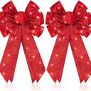 Giegxin 2 Pcs Large Red Lighted Christmas Bows with Lights for Wreath and Tree Topper, 18x F10 Inch Pre Lit Red Wreath Bow Light up for Christmas Decorations for Front Door Windows Outdoor Indoor