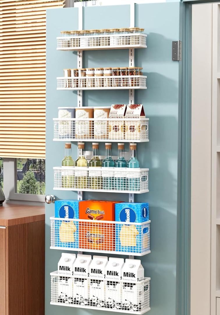 Bunoxea 6-Tier Over The Door Pantry Organizer,Hanging Spice Rack,Over Door Adjustable Basket with Handle,Pantry Organization And Storage, Laundry Room,Bathroom,Large Capacity,D5.3xW15.7xH60.9in (White)