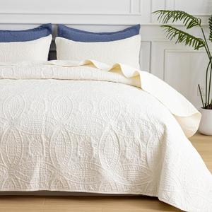 SheRest Full Quilt Bedding Set - Soft Breathable Bed Quilts, Modern Style Embossed Bedspreads, Lightweight Microfiber Reversible Coverlet for All Seasons, Cream, 3 Pieces (1 Quilt,2 Pillow Shams)