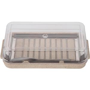 Cutter, Dish with Lid and Cutter, Stainless Steel Cutter Container Plastic Transparent Cover Cheese Storage Box for Kitchen Fridge(Wheat)