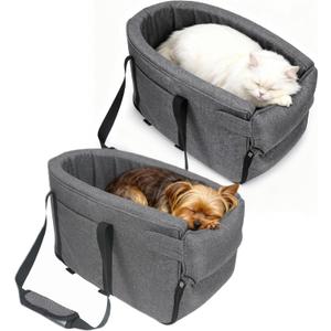 Small Dog & Cat Car Seat, Detachable Seat, Console Fit, Adjustable Straps, Storage Pocket & Clip-On Leash - Ideal for Pets Under 15 lbs (Grey)