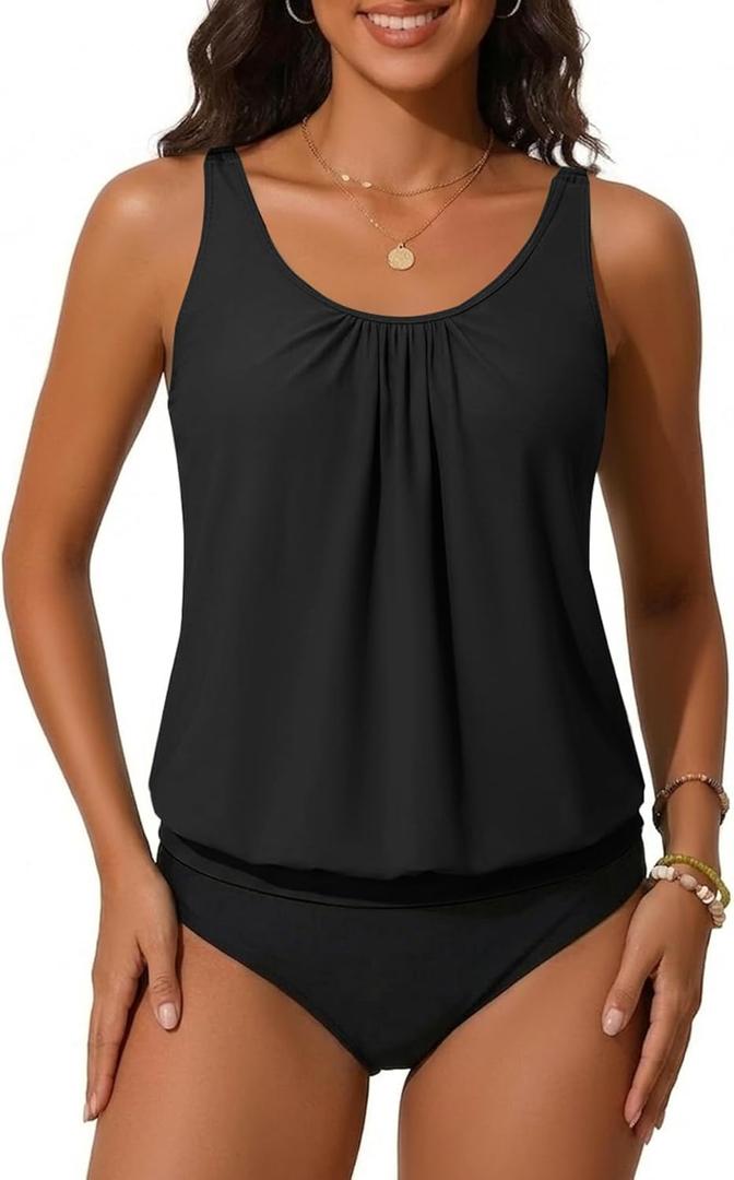 Yonique Two Piece Tankini Swimsuits for Women Blouson Bathing Suits Modest Swimwear (Black, M)