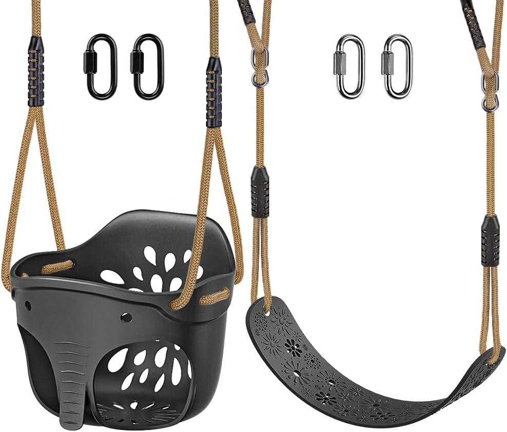 SELEWARE Toddler Swing Set Accessories High Back Full Bucket Swing Seats w/Adjustable Rope and 4 Locking Carabiners, Cute Elephant Shape Design 600LB Capacity (2 Pack) (Black)