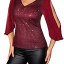 Dressystar Elegant Sequin Tops for Women, V-Neck Long Split Sleeve Blouses for Evening Party, Dressy and Sparkly Bling Shirt, Medium