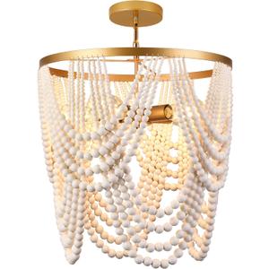 Bohemia Wood Beaded Chandelier - Boho 5-Light Gold and Oak Finish Beaded Light Fixture for Dining, Living, Bedroom, Nursery, Girl Room, Hallway, Entryway