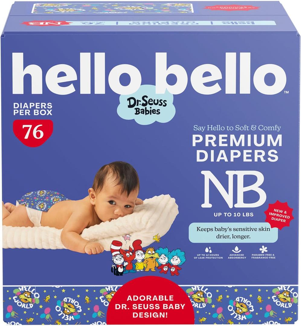 Hello Bello Dr. Seuss Babies Premium Diapers, Size NB, 76 Count: Softness & Protection for Sensitive Skin Hello Bello Dr. Seuss Babies Premium Diapers, Size NB, 76 Count: Softness & Protection for Sensitive Skin