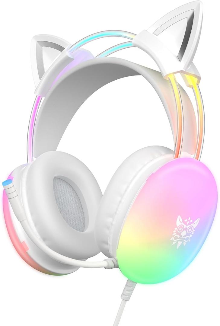 Cat Ear Gaming Headset with Mic, RGB Rainbow Lighting, Surround Sound, 3.5mm Wired Over-Ear Headphones for PC/Switch/Laptop, Lightweight and Adjustable Headband