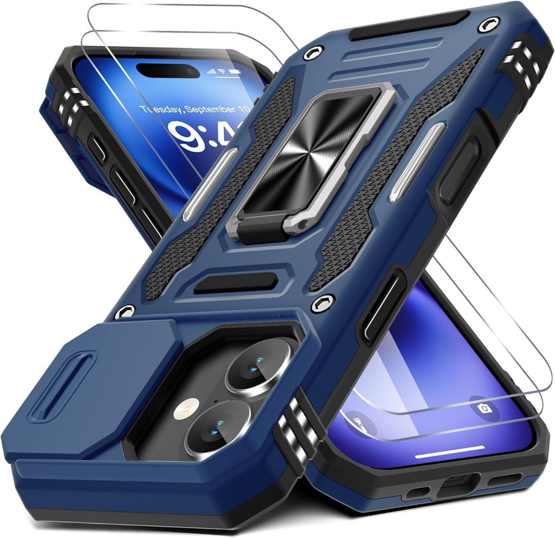 DEERLAMN Case for iPhone 17 6.3-Inch with Slide Camera Cover + Screen Protector (2 Packs), Rotated Ring Kickstand Military Grade Shockproof Protective Cover-Navy Blue