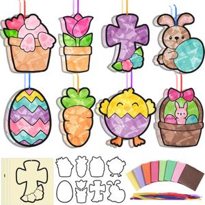 Eersida 32 Sets Easter Suncatcher Craft Kit, Easter Window Art Crafts with Tissue Paper Bunny Cross Egg Carrot Suncatchers DIY Crafts for Classroom Activities Sunday School VBS Decoration