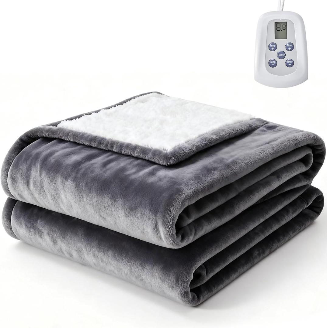 Sweetcrispy Heated Blanket Twin Size, 62''x84'' Heating Electric Blanket with 10 Heat Levels and Auto-Off, Washable Dual-Sided Flannel & Sherpa Fabric Electric Blanket Warmer ETL Certificated