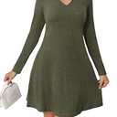 MarryUP Womens Long Sleeve Sweater Dress V Neck Casual Short Tunic Fall and Winter Dress Green XL