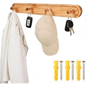 15.2inch Wood Wall Hooks,Solid Wood Coat Rack， Wooden Coat Rack Wall Mount,4 Wooden Hooks for Hanging，Simple Design for Home Organization