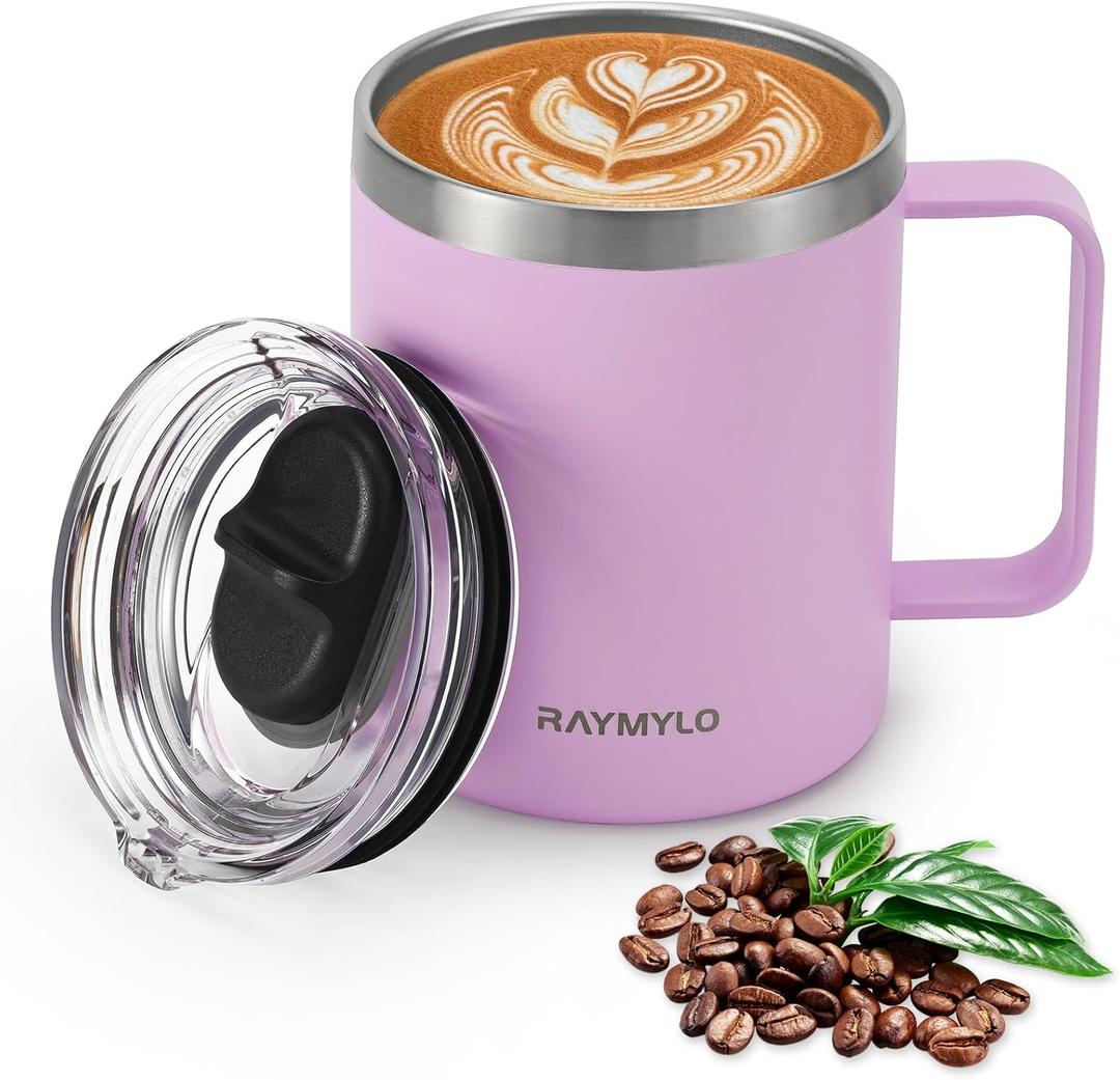 Insulated Coffee Mug 12 oz, Double Wall Stainless Steel Coffee Mug with Lids, Leak-Proof & Detachable Slider Lid for Thorough Clean, Keeps Coffee Cold for 9 Hrs, Suitable for Camp Home Office (Light Purple)