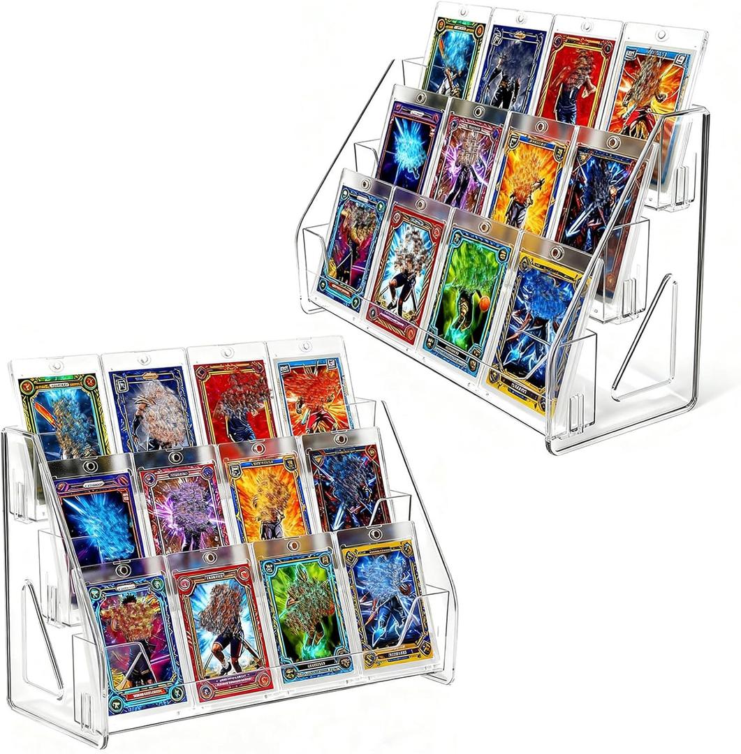 2 Pack 3-Tier Greeting Card Display Stand  Clear Vertical Riser Shelf Rack Holder for Trading Baseball Basketball Sports Graded Game Cards