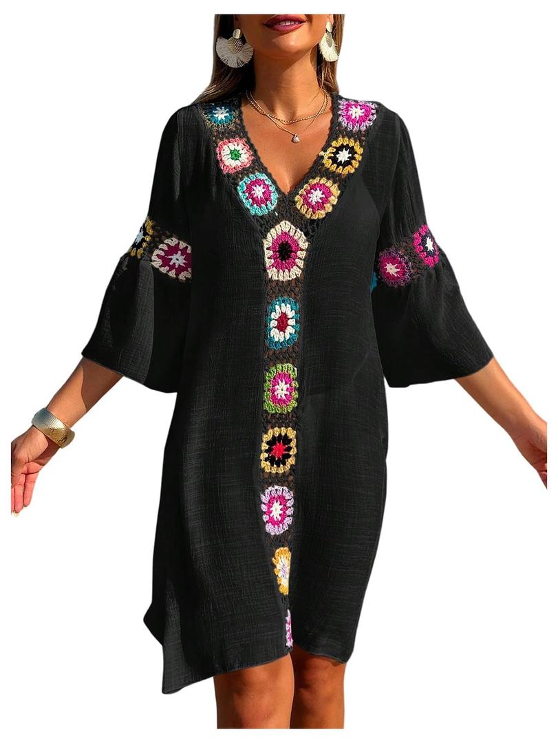 SweatyRocks Women's Floral Crochet Coverups Dress 3/4 Sleeve V Neck Sheer Beach Cover Up Dress Black X-Large