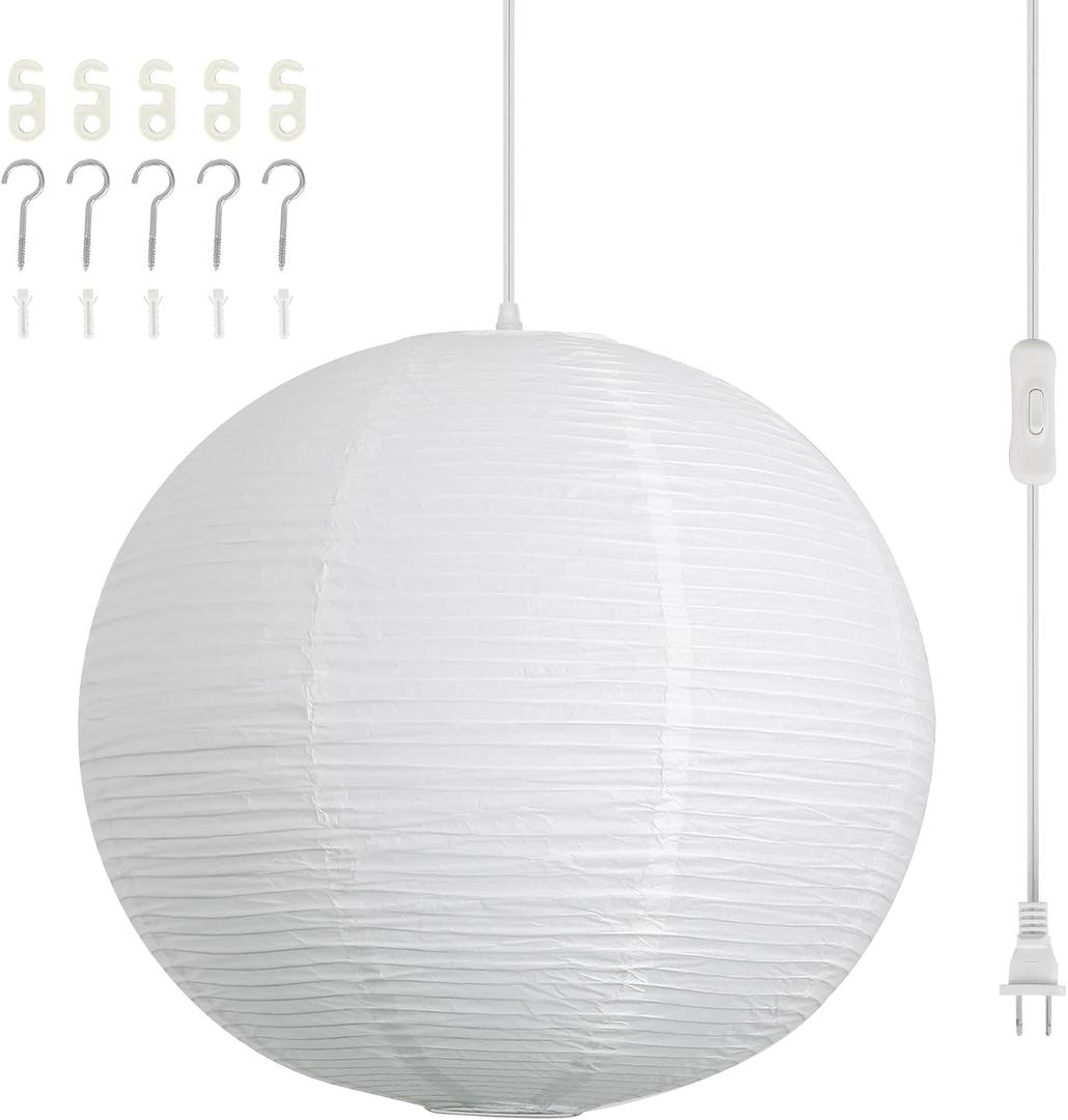 Paper Lantern Lamp Plug in Hanging Lamp 23.6in White Rice Paper Pendant Light with 19.7FT Cord Large Globe Japanese Japandi Wabi Sabi Chandelier for Dining Living Room Bedroom Office 1 Pack