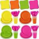 Kochorie 192 Pieces Neon Party Supplies Disposable Paper Plates Cups Napkins Plastic Forks Knives Spoons for Neon Festival Birthday Party Decor, Serves 24 Guests