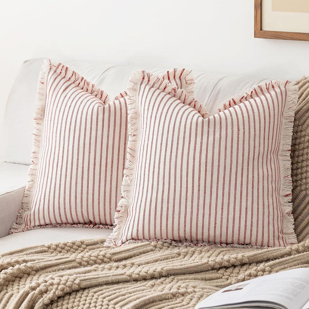 Throw Pillow Covers 20x20 Set of 2 Striped Fringe Pillow Cover Farmhouse Cushion Covers with Tassel Neutral Boho Pillows Decorative Square Pillowcase for Couch Sofa Bed, Red