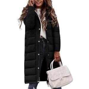 Womens Winter Long Puffer Coat Thicken Ladies Quilted Jacket Puffy Padded Zip Hood Parka Side Zipper Trendy 2026 (Small, Black)