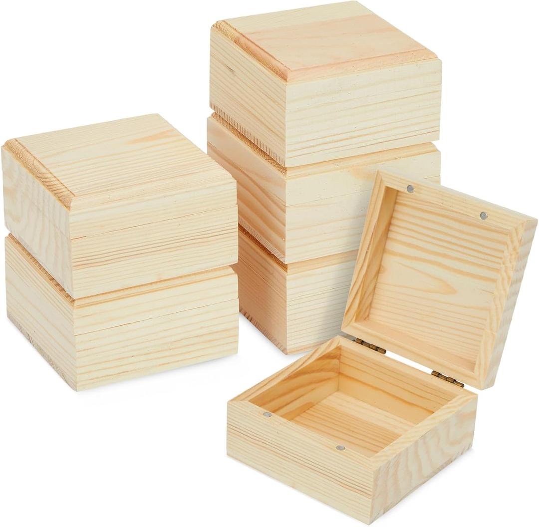 Bright Creations 6 Pack Unfinished Wooden Boxes with Hinged Lids - Pinewood Magnetic Storage for Crafts & Jewelry - Unfinished Wood Box (3.5 x 3.5 x 2 in)