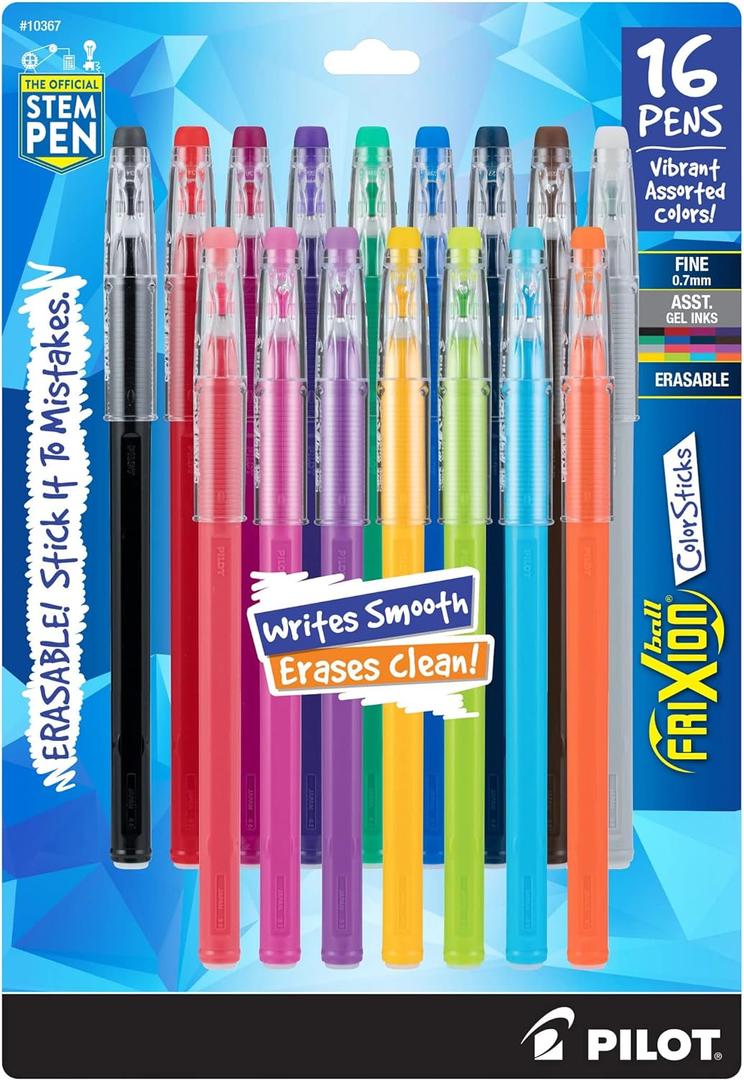 Pilot Frixion ColorSticks - Bolgrafos de tinta de gel que se puede borrar, de punta fina, 1/32 de pulgada, paquete de 16, colores surtidos (Vibrante)