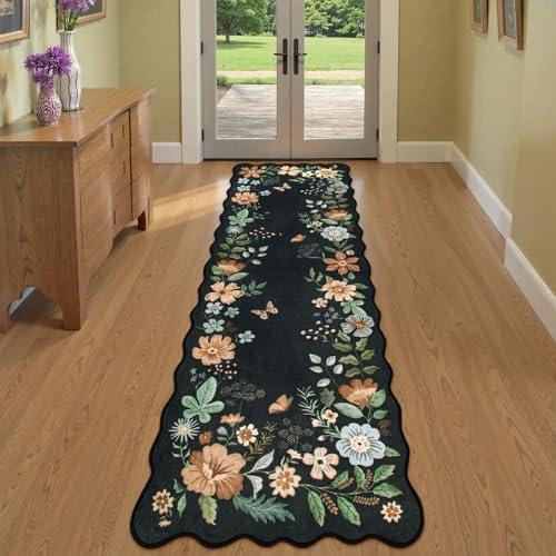 Hedlive Scalloped Washable Runner Rug, Ultra-Thin 2.6x8 Floral Runners for Hallways, Soft Bathroom Runner Rug Non Slip Carpet Runners for Kitchen Laundry Bedroom (2'6"x8', Black/Grey)