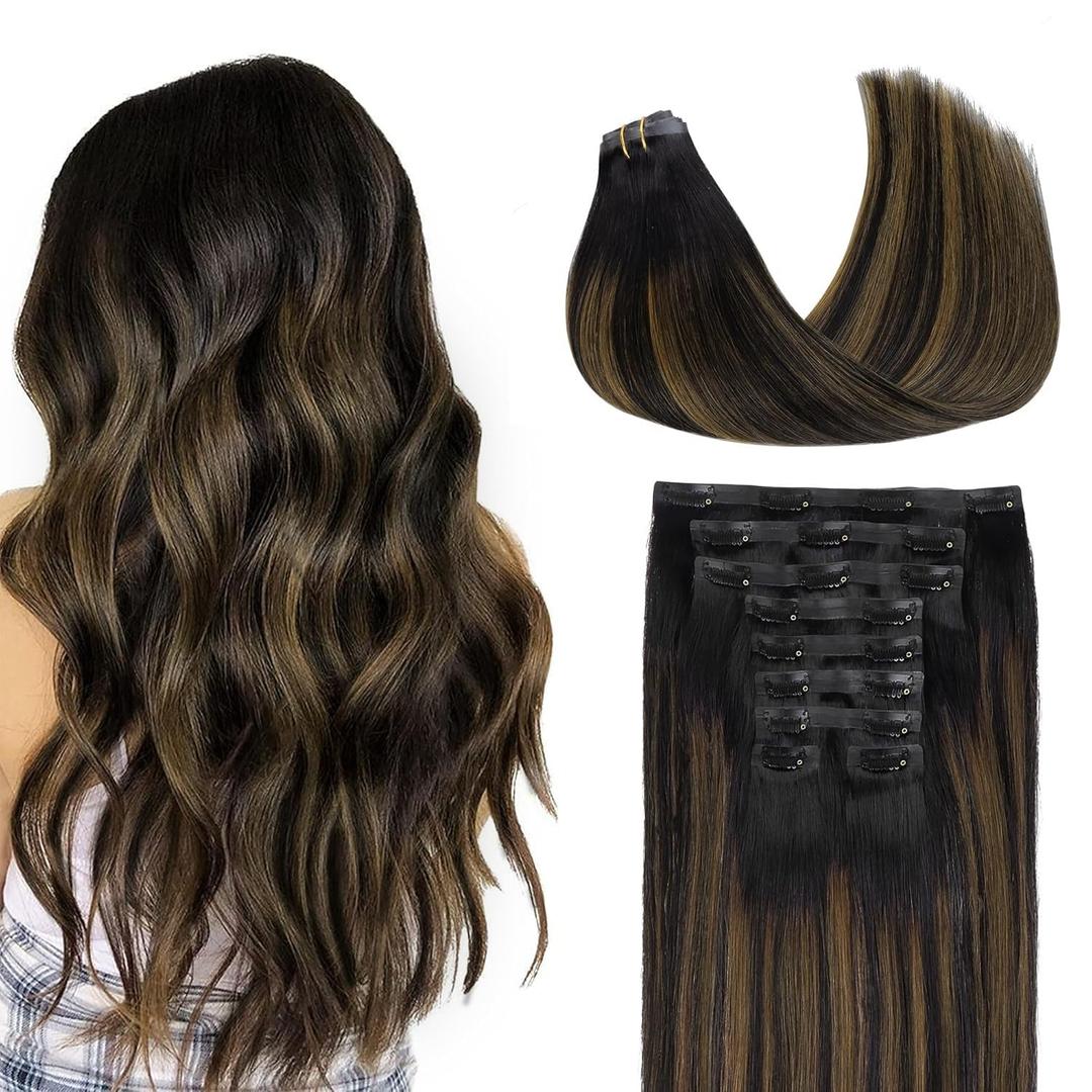 GOO GOO Clip in Hair Extensions Real Human Hair, Remy Human Hair Extensions Clip ins for Women, Natural Human Hair, 20inch 180g 9Pcs, #1B/6/1B Balayage Natural Black to Chestnut Brown